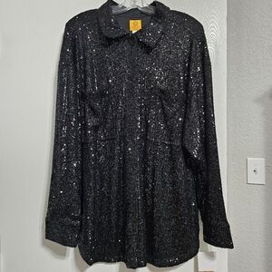 Ruby Rd Sequin Snap Front Shirt Jacket Collar Black Sz 1X Pockets NWT